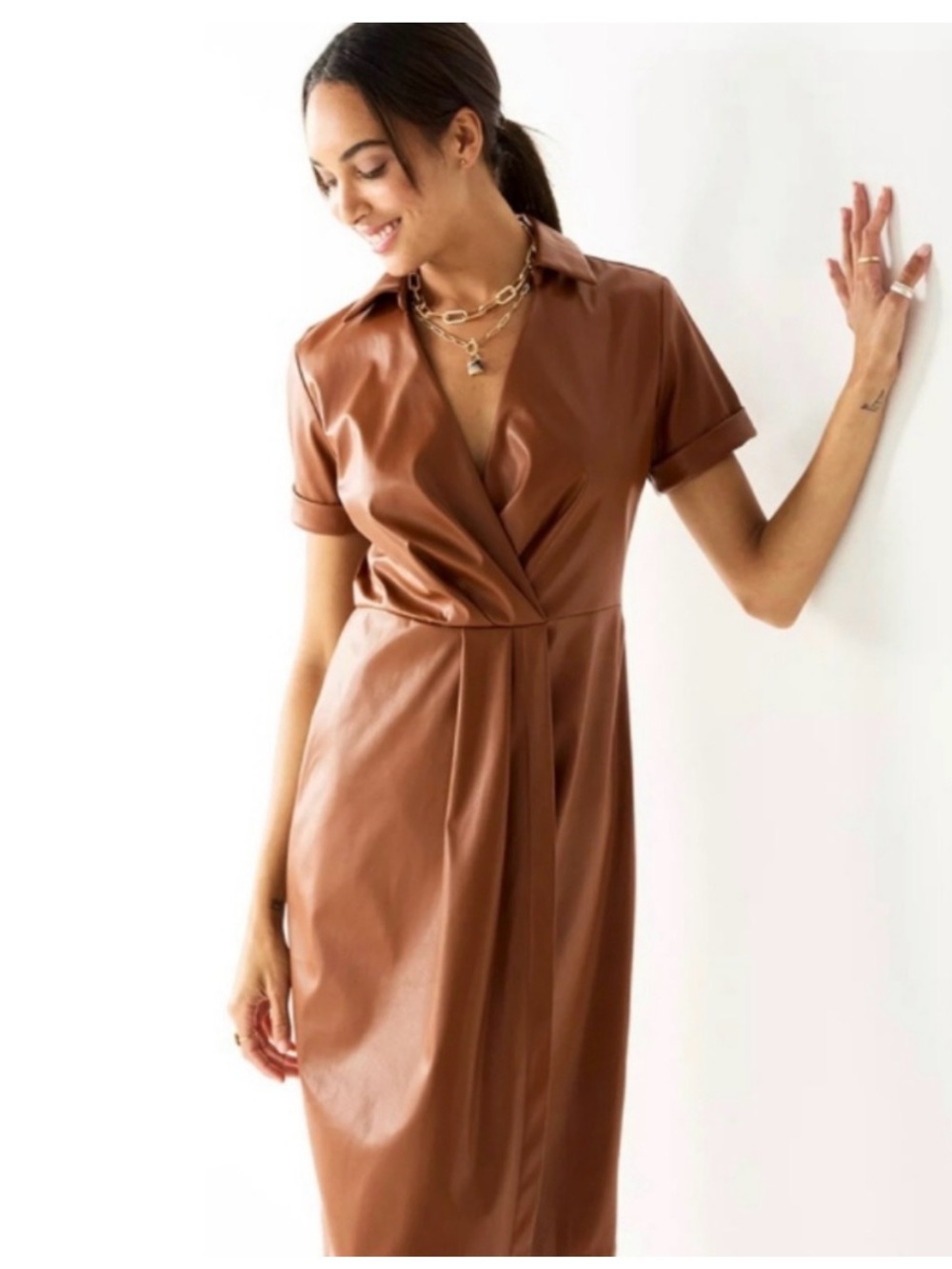 Nine West Cognac Brown Faux-Leather Midi Wrap Shirt Dress